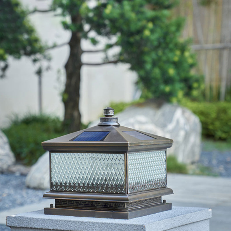 Metal Rectangular Shape Outdoor Lights Modern Style 1 Light Solar Pillar Lamp in Bronze