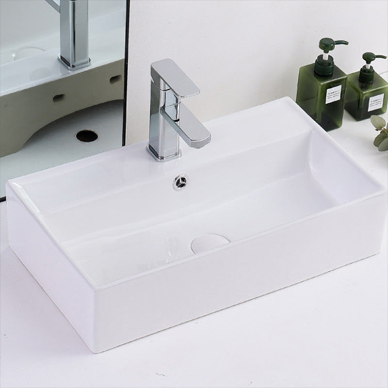 Contemporary Vessel Bathroom Sink Rectangular White Ceramic Overflow Drain Assembly Sink