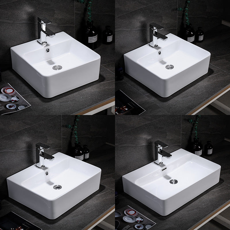 Contemporary Vessel Bathroom Sink Rectangular White Ceramic Overflow Drain Assembly Sink