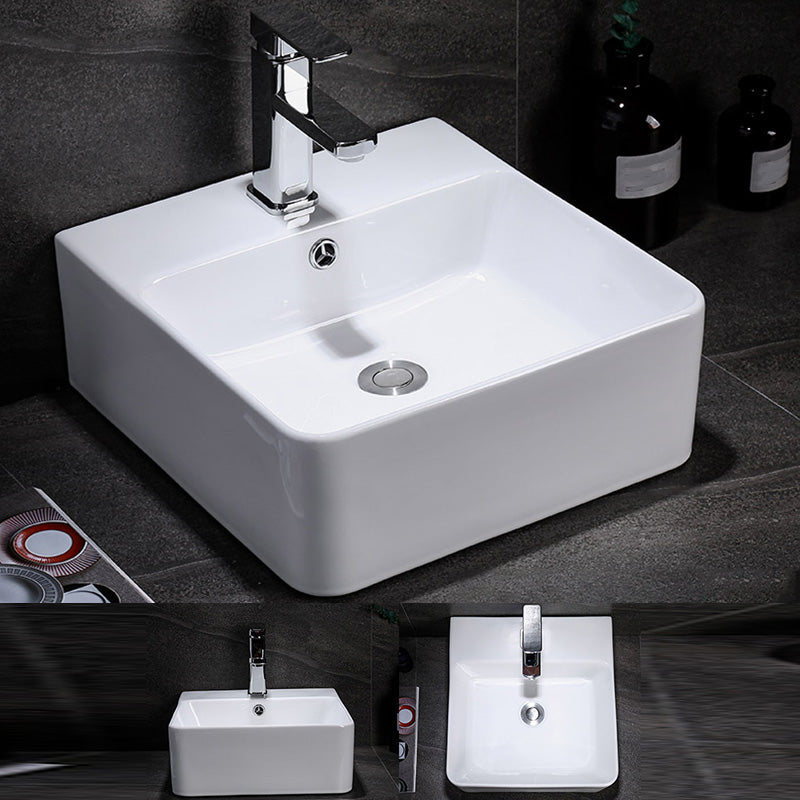 Contemporary Vessel Bathroom Sink Rectangular White Ceramic Overflow Drain Assembly Sink