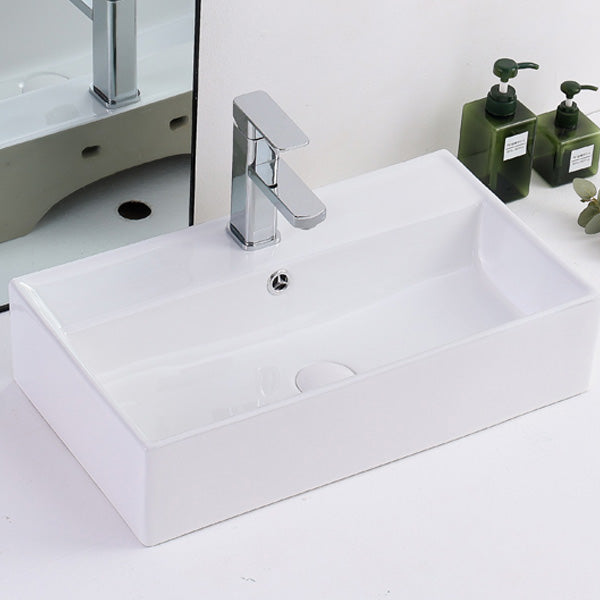 Contemporary Vessel Bathroom Sink Rectangular White Ceramic Overflow Drain Assembly Sink