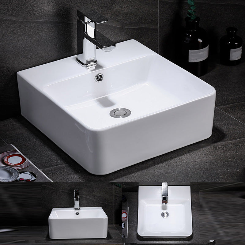 Contemporary Vessel Bathroom Sink Rectangular White Ceramic Overflow Drain Assembly Sink