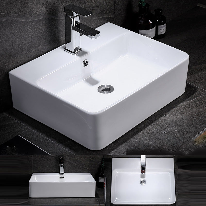 Contemporary Vessel Bathroom Sink Rectangular White Ceramic Overflow Drain Assembly Sink