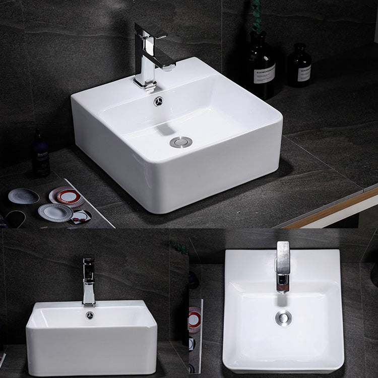 Contemporary Vessel Bathroom Sink Rectangular White Ceramic Overflow Drain Assembly Sink