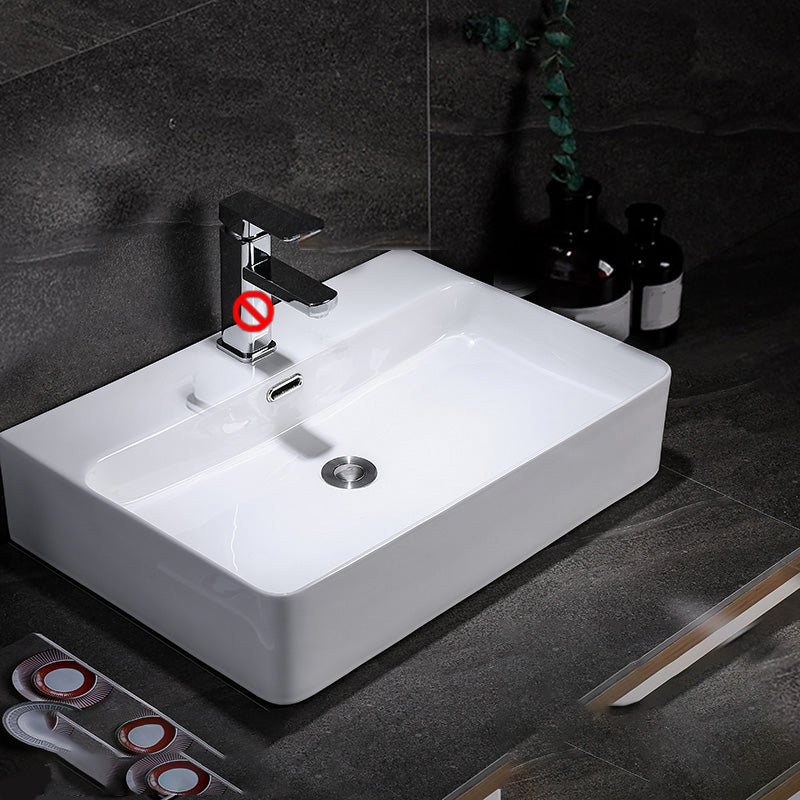 Contemporary Vessel Bathroom Sink Rectangular White Ceramic Overflow Drain Assembly Sink