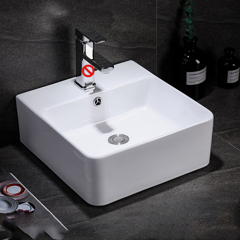 Contemporary Vessel Bathroom Sink Rectangular White Ceramic Overflow Drain Assembly Sink
