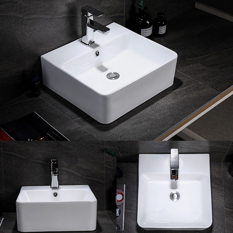 Contemporary Vessel Bathroom Sink Rectangular White Ceramic Overflow Drain Assembly Sink