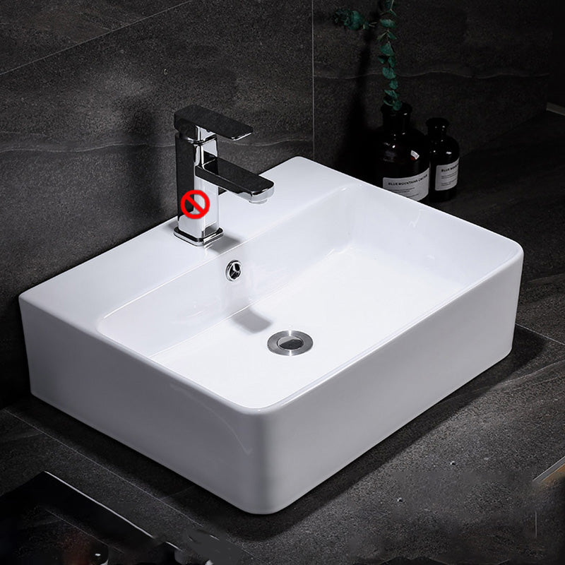 Contemporary Vessel Bathroom Sink Rectangular White Ceramic Overflow Drain Assembly Sink