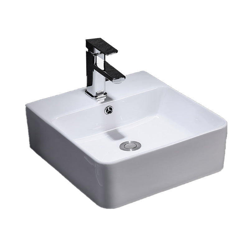 Contemporary Vessel Bathroom Sink Rectangular White Ceramic Overflow Drain Assembly Sink