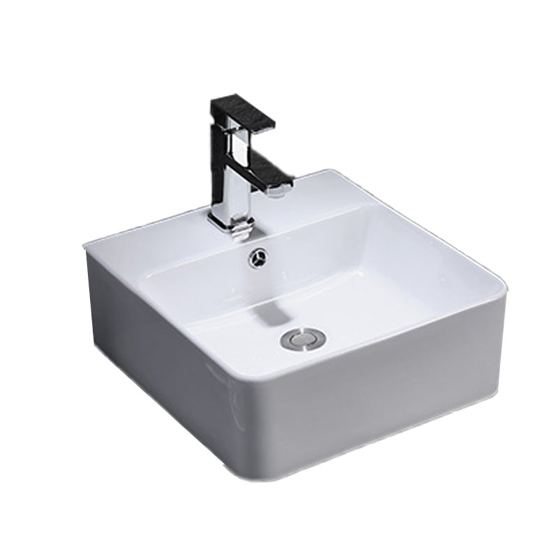 Contemporary Vessel Bathroom Sink Rectangular White Ceramic Overflow Drain Assembly Sink