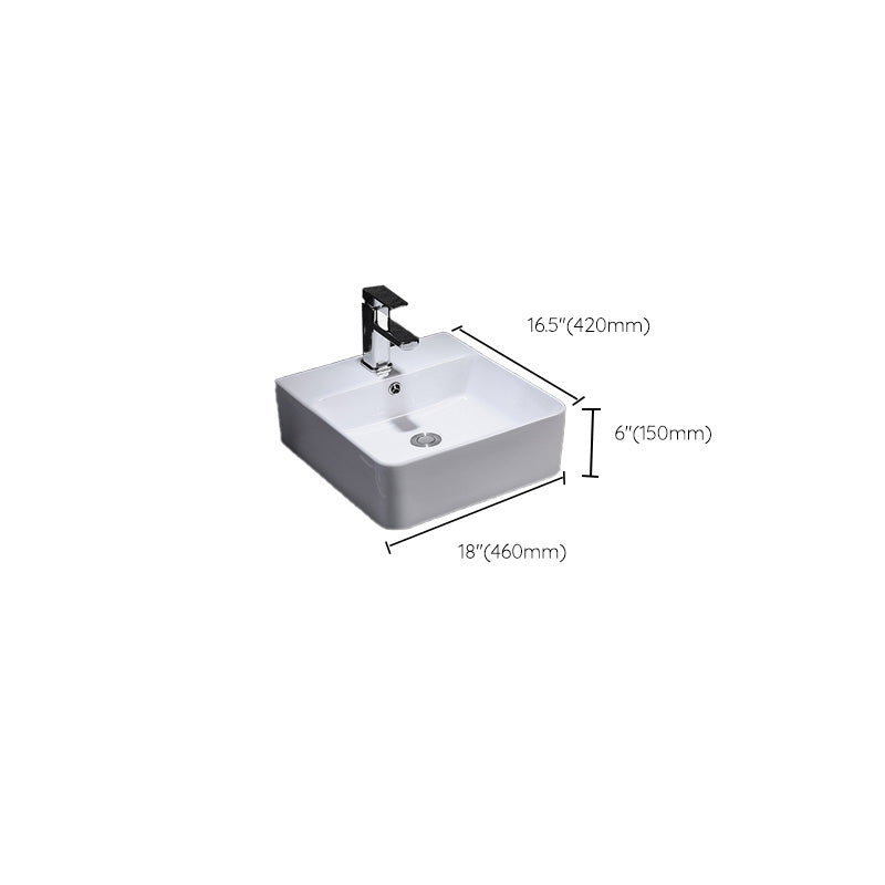 Contemporary Vessel Bathroom Sink Rectangular White Ceramic Overflow Drain Assembly Sink