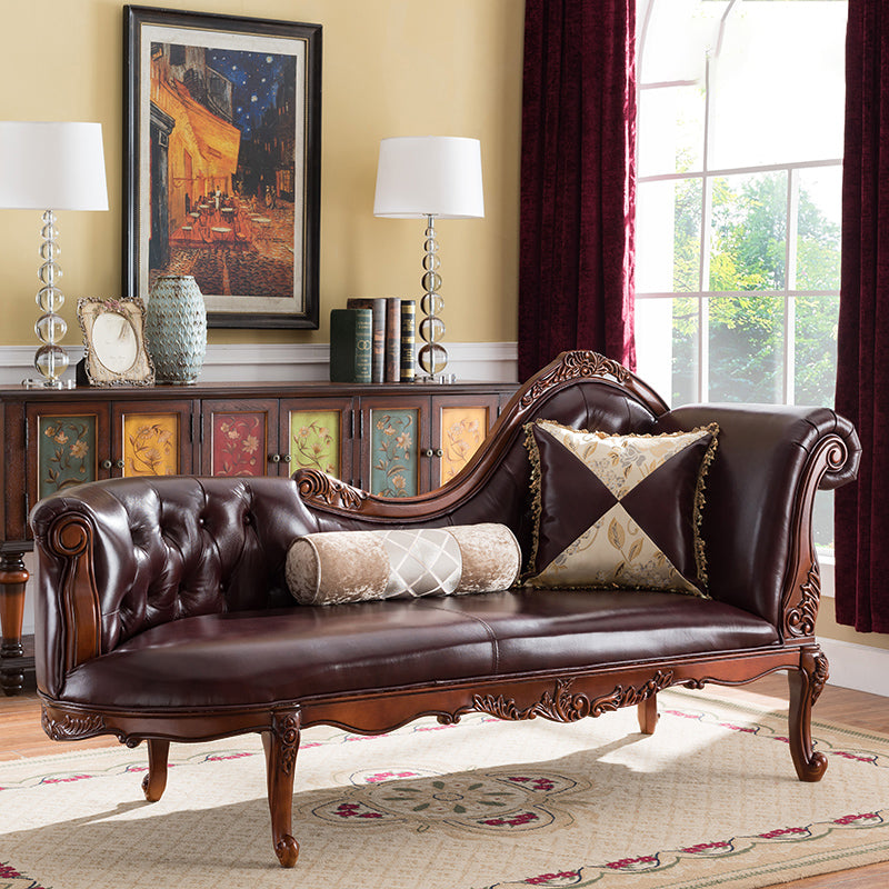 Traditional Dark Brown Genuine Leather Chaise Rolled Arms Tufted Accent Chair