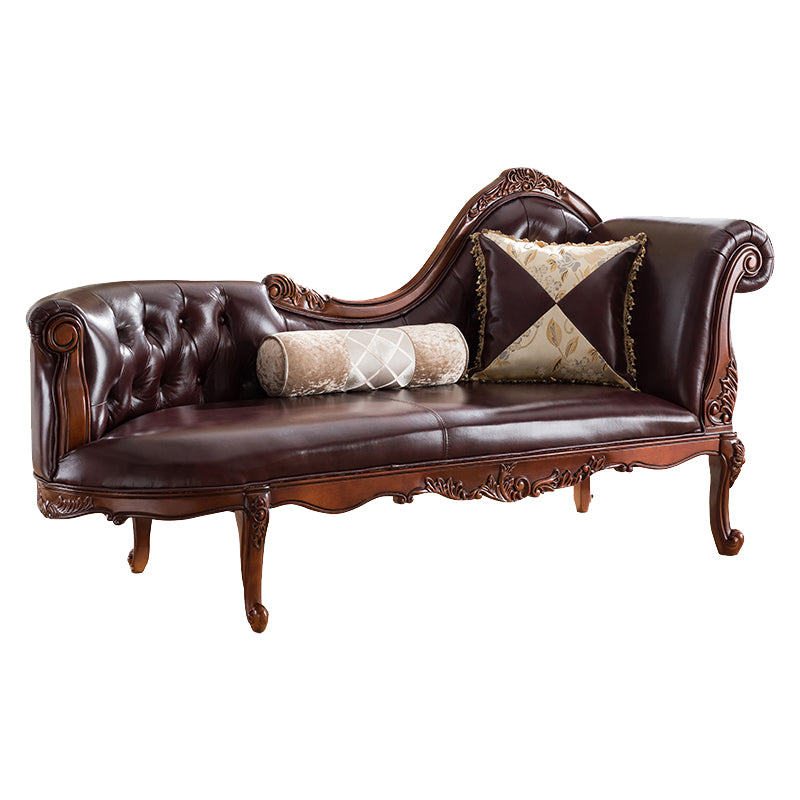 Traditional Dark Brown Genuine Leather Chaise Rolled Arms Tufted Accent Chair