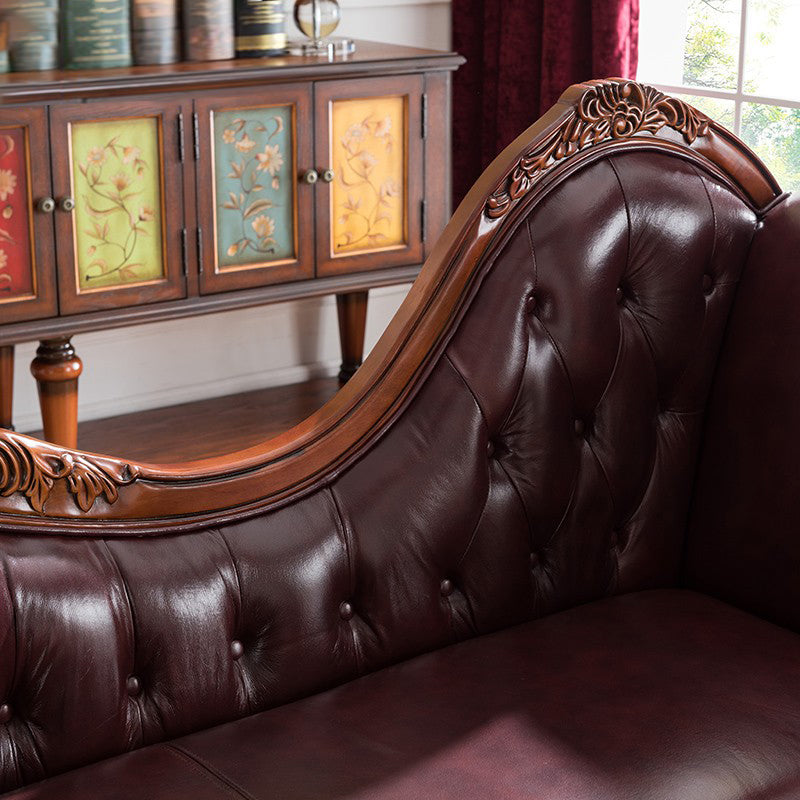 Traditional Dark Brown Genuine Leather Chaise Rolled Arms Tufted Accent Chair