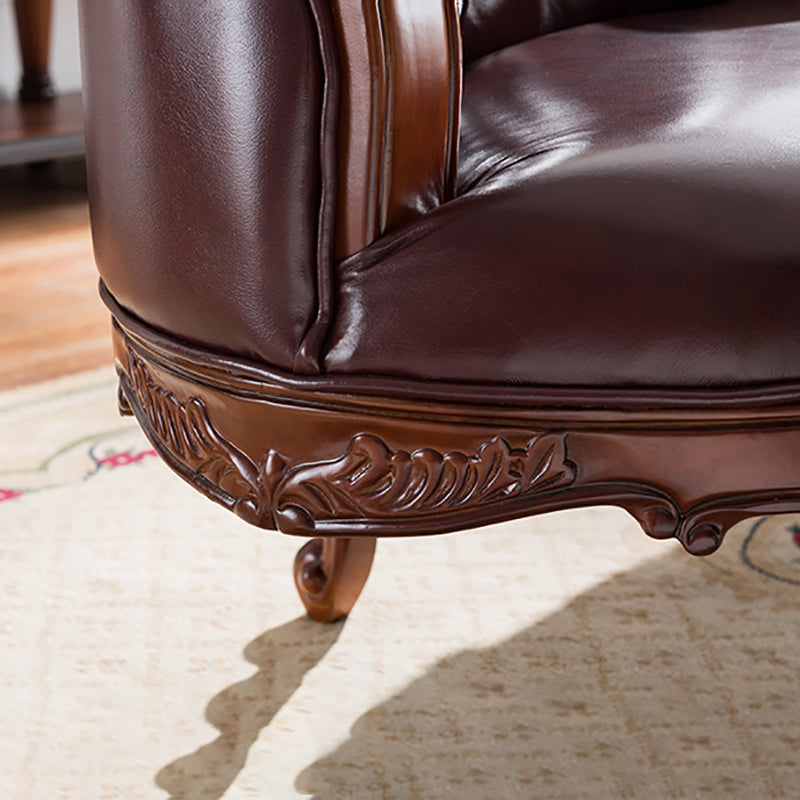 Traditional Dark Brown Genuine Leather Chaise Rolled Arms Tufted Accent Chair