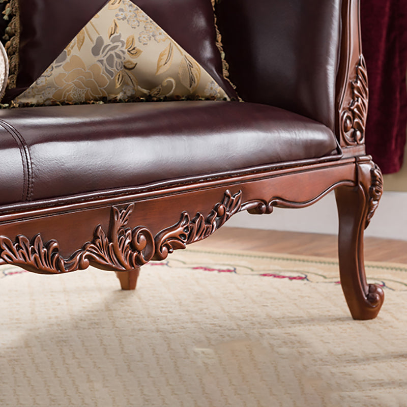 Traditional Dark Brown Genuine Leather Chaise Rolled Arms Tufted Accent Chair