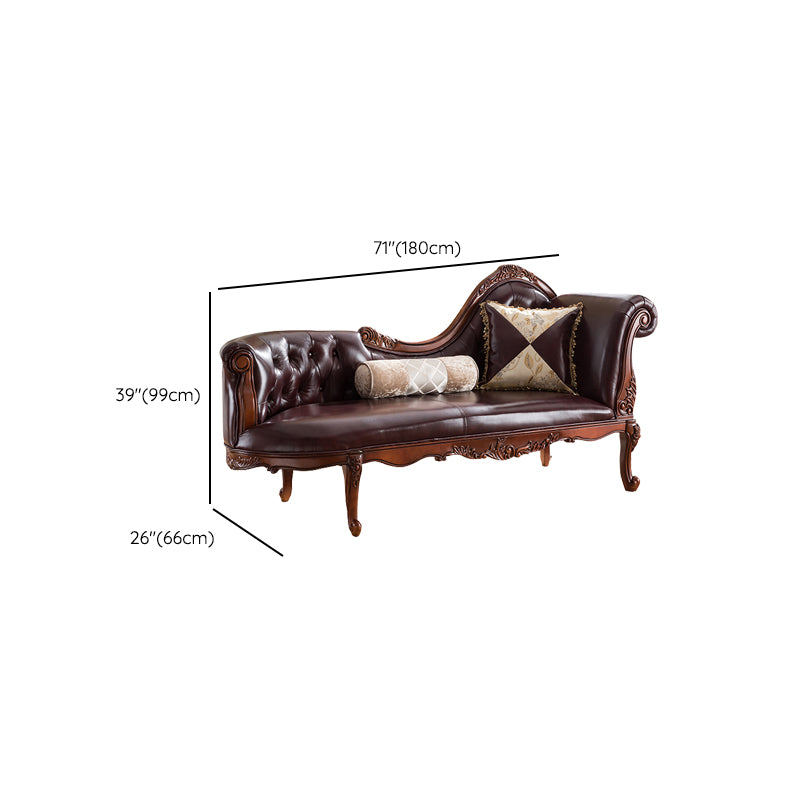 Traditional Dark Brown Genuine Leather Chaise Rolled Arms Tufted Accent Chair