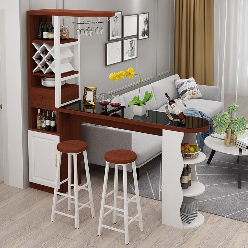 Modern Glass Bar Table Artificial Wood Base with Wine Cabinet for Balcony