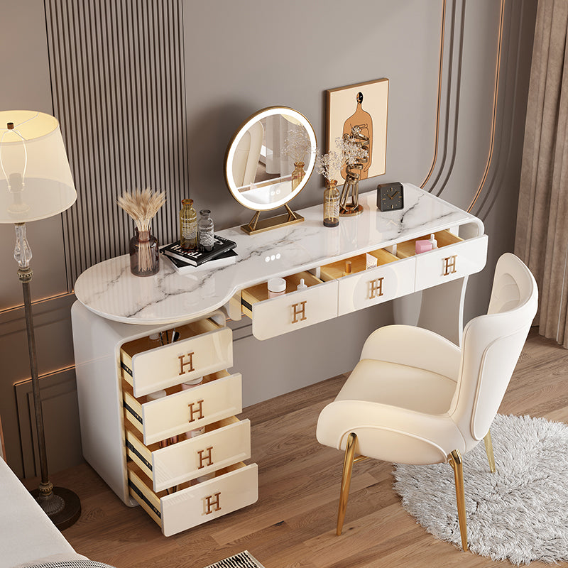 Modern Wood Vanity Table Set with Mirror and Stool Glam Slate 7 Drawers Dressing Table