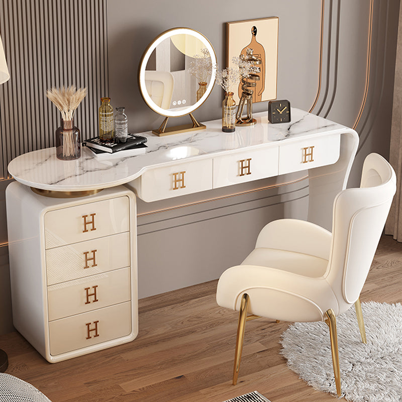 Modern Wood Vanity Table Set with Mirror and Stool Glam Slate 7 Drawers Dressing Table