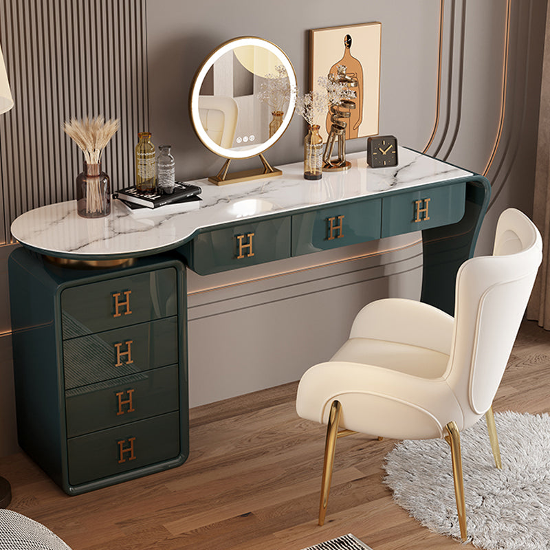 Modern Wood Vanity Table Set with Mirror and Stool Glam Slate 7 Drawers Dressing Table