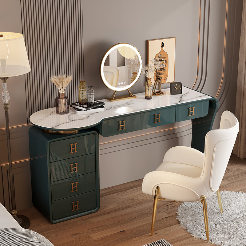 Modern Wood Vanity Table Set with Mirror and Stool Glam Slate 7 Drawers Dressing Table