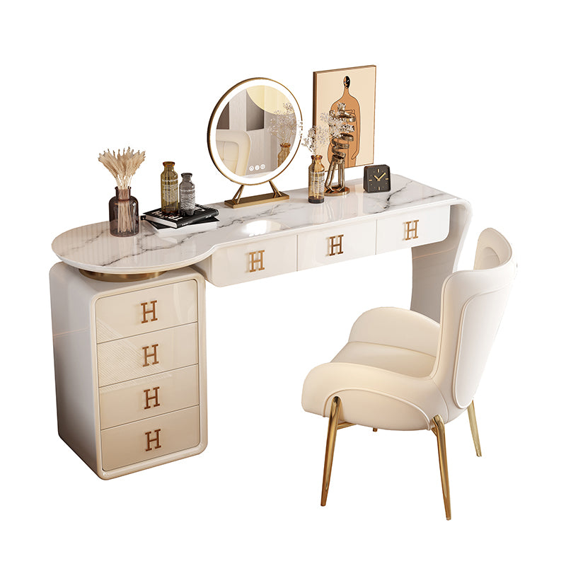 Modern Wood Vanity Table Set with Mirror and Stool Glam Slate 7 Drawers Dressing Table