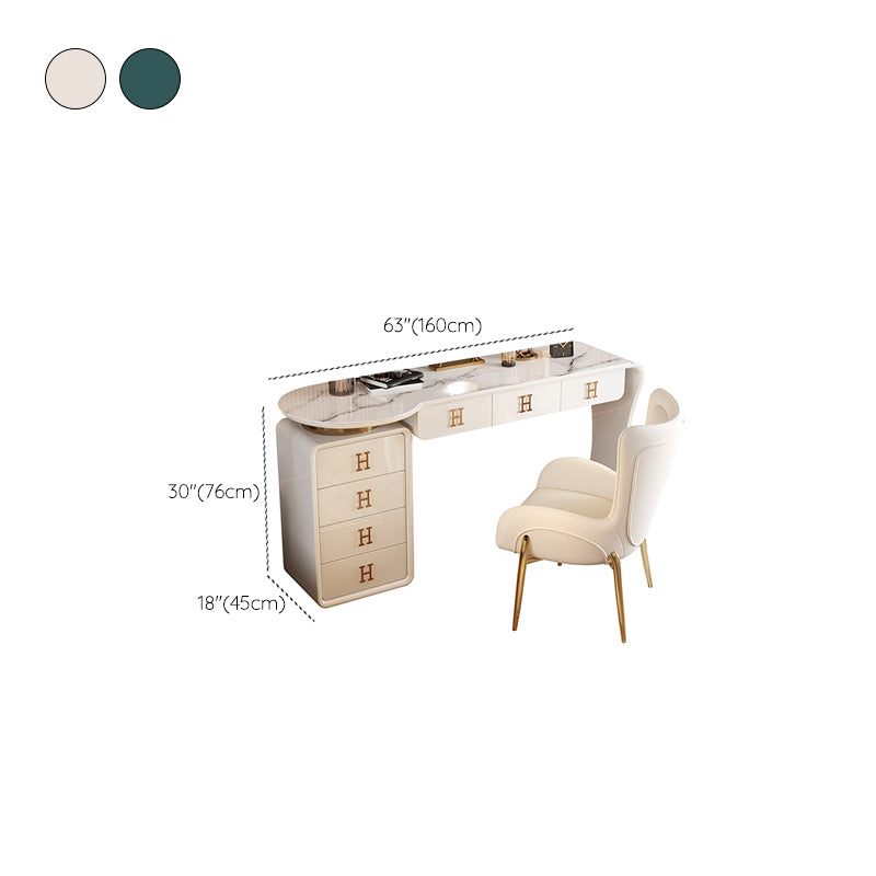 Modern Wood Vanity Table Set with Mirror and Stool Glam Slate 7 Drawers Dressing Table