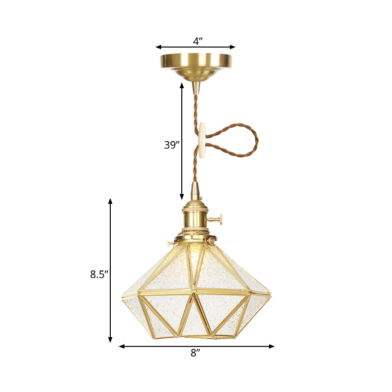 1 Head Pendant Light Traditional Bedside Suspension Lamp with Diamond Clear Water Glass Shade in Gold