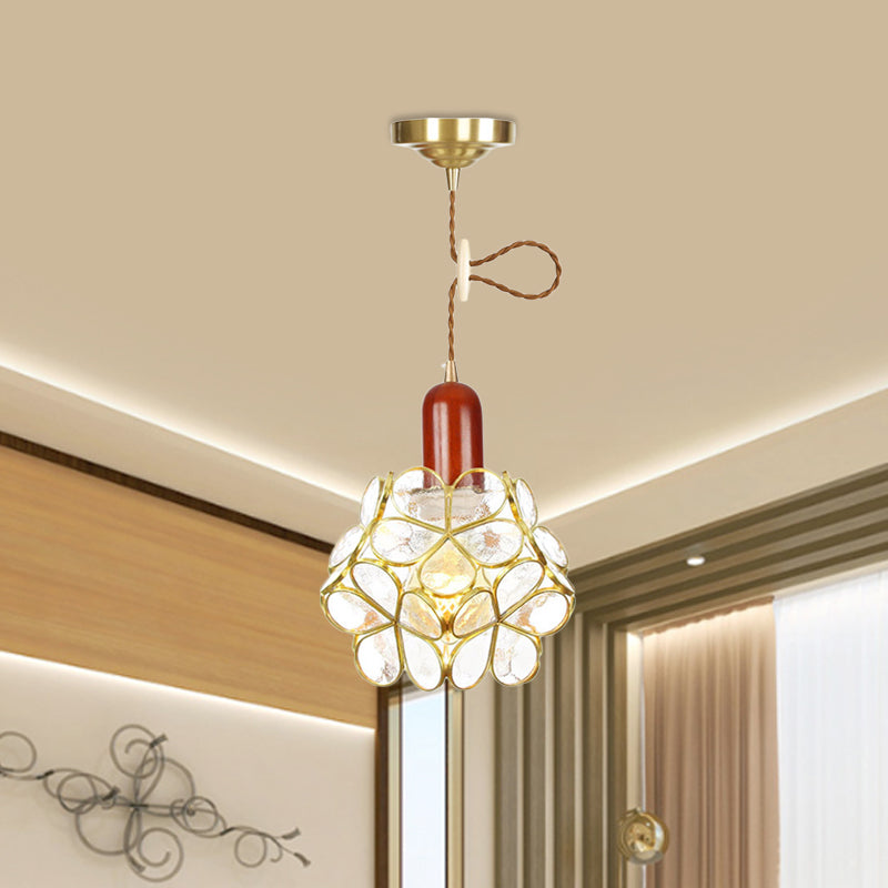 Flower Clear Water Glass Pendant Traditional 1 Bulb Bedroom Ceiling Suspension Lamp in Gold with Wood Top