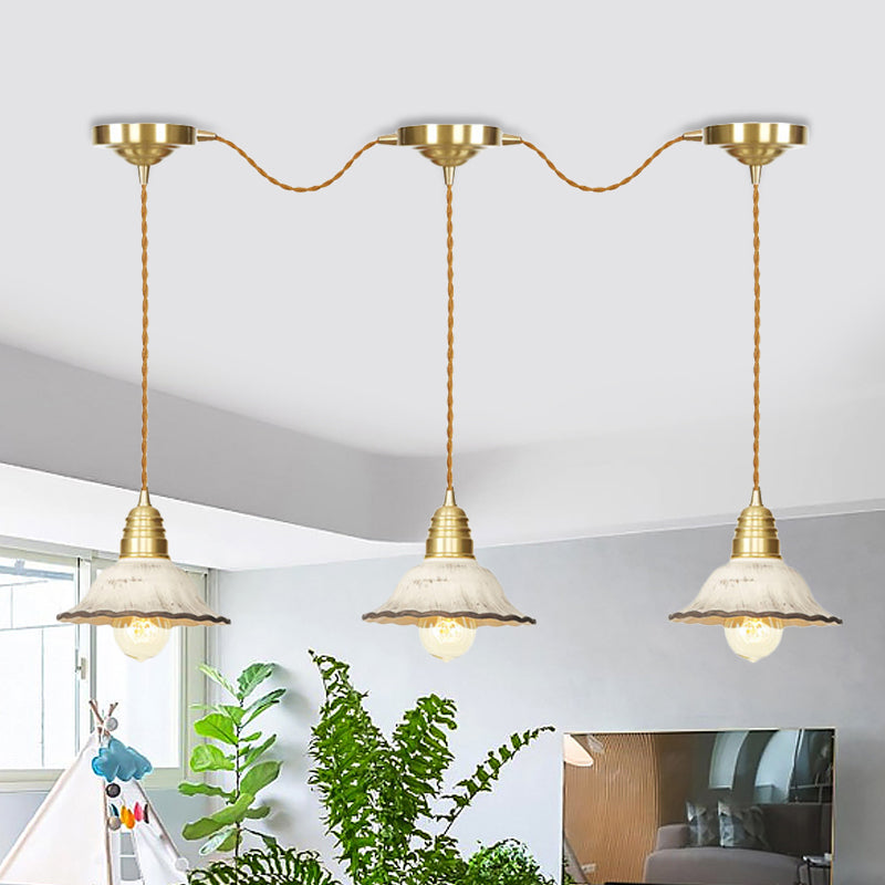 Traditional Scalloped Multiple Hanging Light 3/5/7-Bulb Ceramics Suspension Lamp in Gold with Series Connection Design