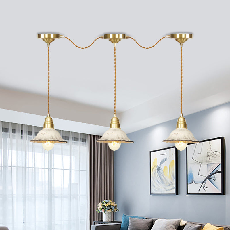 Traditional Scalloped Multiple Hanging Light 3/5/7-Bulb Ceramics Suspension Lamp in Gold with Series Connection Design