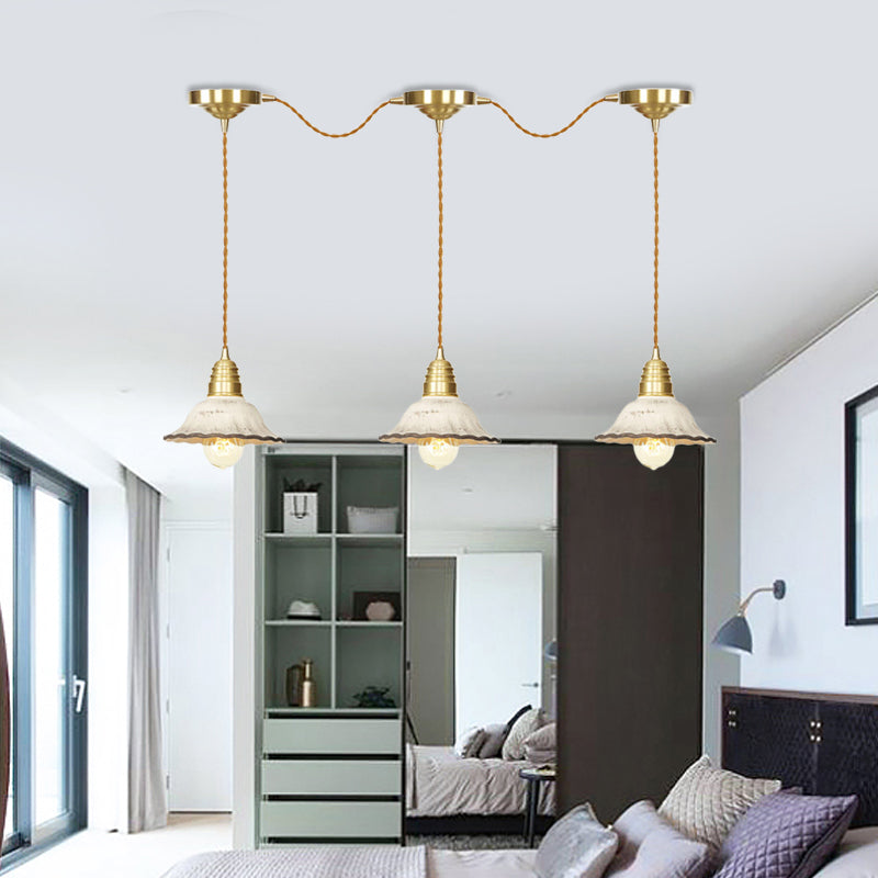 Traditional Scalloped Multiple Hanging Light 3/5/7-Bulb Ceramics Suspension Lamp in Gold with Series Connection Design