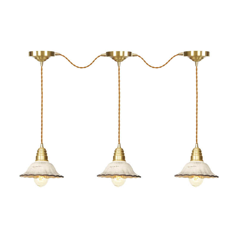 Traditional Scalloped Multiple Hanging Light 3/5/7-Bulb Ceramics Suspension Lamp in Gold with Series Connection Design