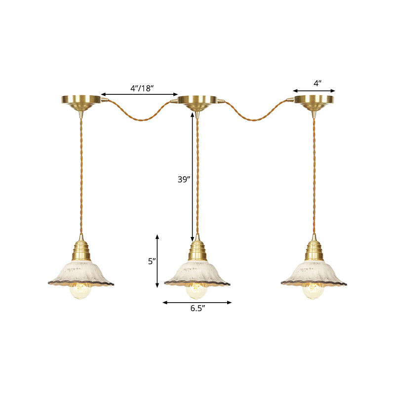 Traditional Scalloped Multiple Hanging Light 3/5/7-Bulb Ceramics Suspension Lamp in Gold with Series Connection Design