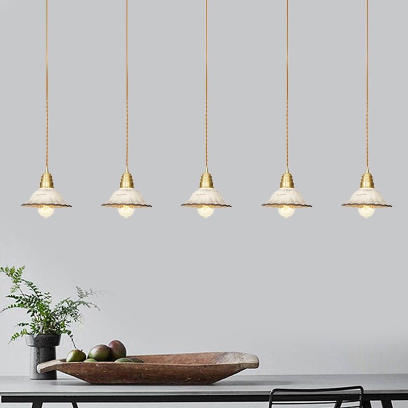 Traditional Scalloped Multiple Hanging Light 3/5/7-Bulb Ceramics Suspension Lamp in Gold with Series Connection Design