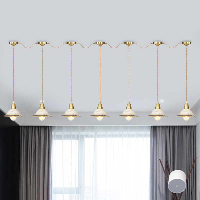 Traditional Scalloped Multiple Hanging Light 3/5/7-Bulb Ceramics Suspension Lamp in Gold with Series Connection Design