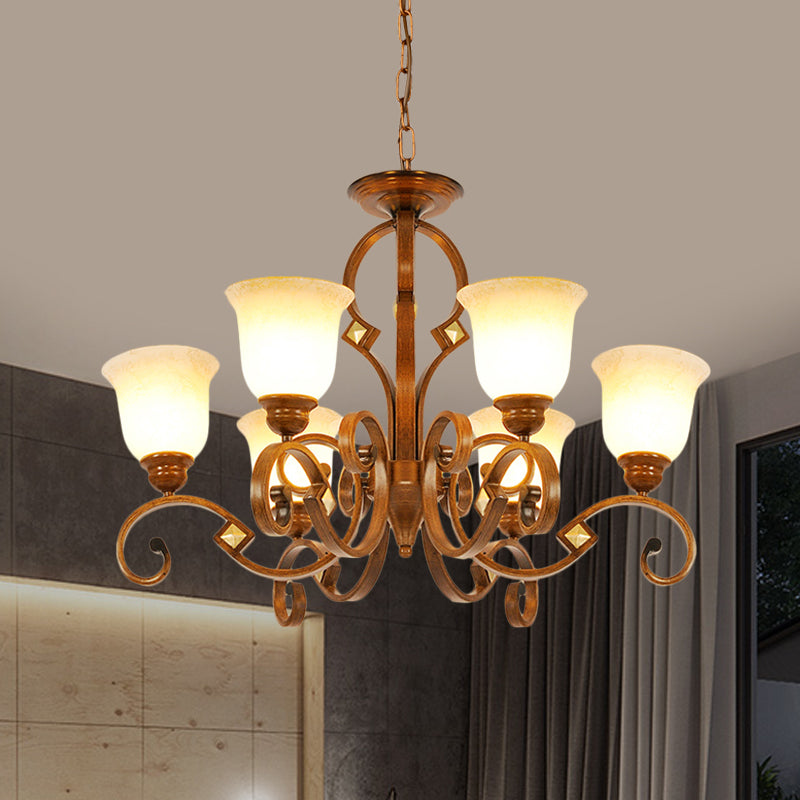 Braccio curvo per camera da letto lampadario in metallo rurale 6 lampadine bulbi brown sospeso con tonalità di vetro opale a campana
