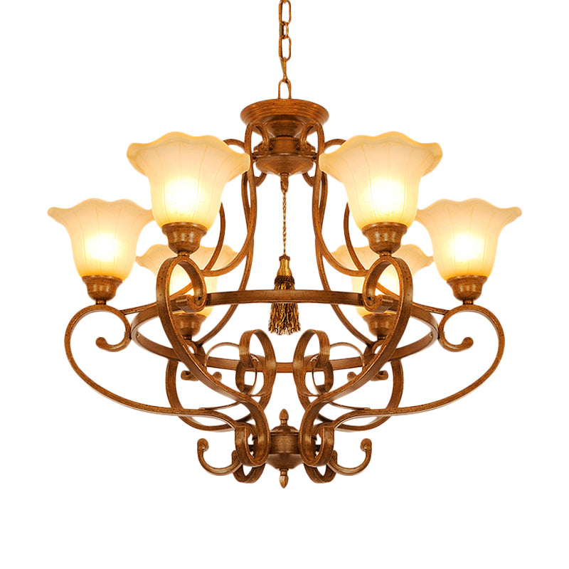 Brown 6 Lights Hanging Chandelier Traditional Frosted Glass Flared Pendant Lighting Fixture with Curvy Arm
