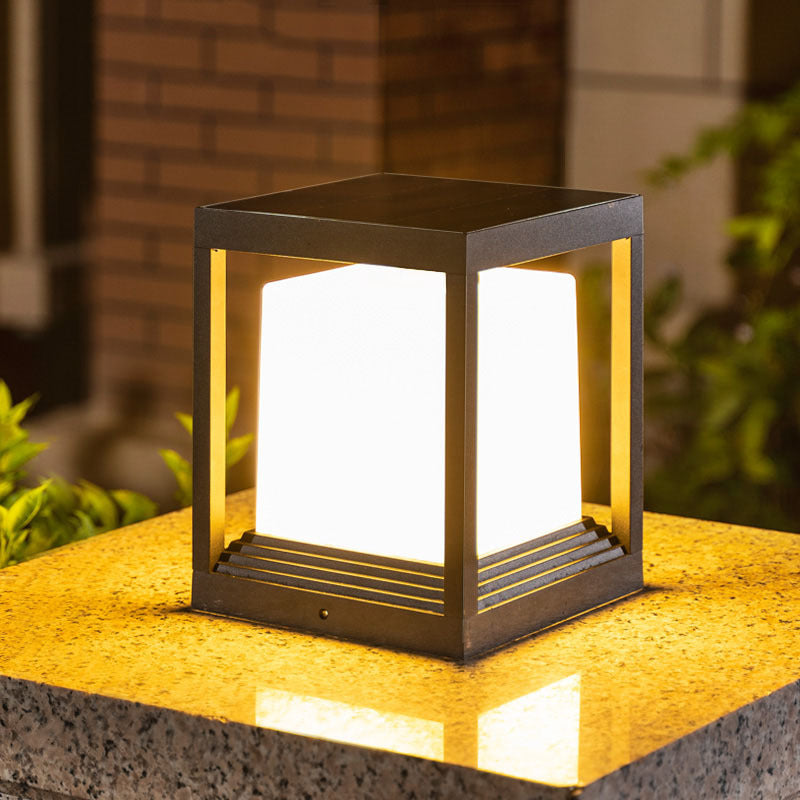 Metal Rectangular Shape Outdoor Lights Modern 1 Light Waterproof Pillar Lamp in Black