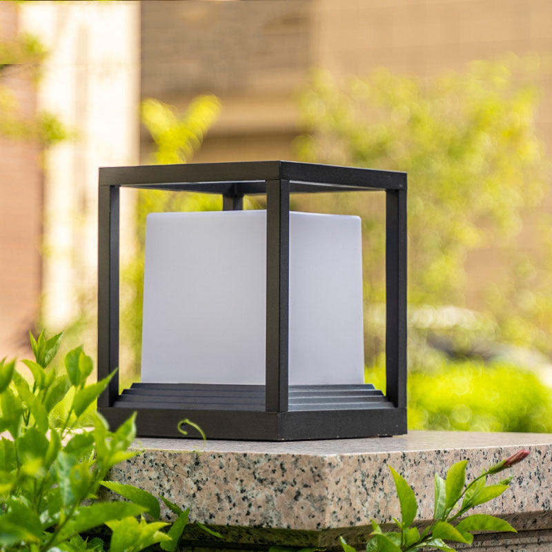 Metal Rectangular Shape Outdoor Lights Modern 1 Light Waterproof Pillar Lamp in Black
