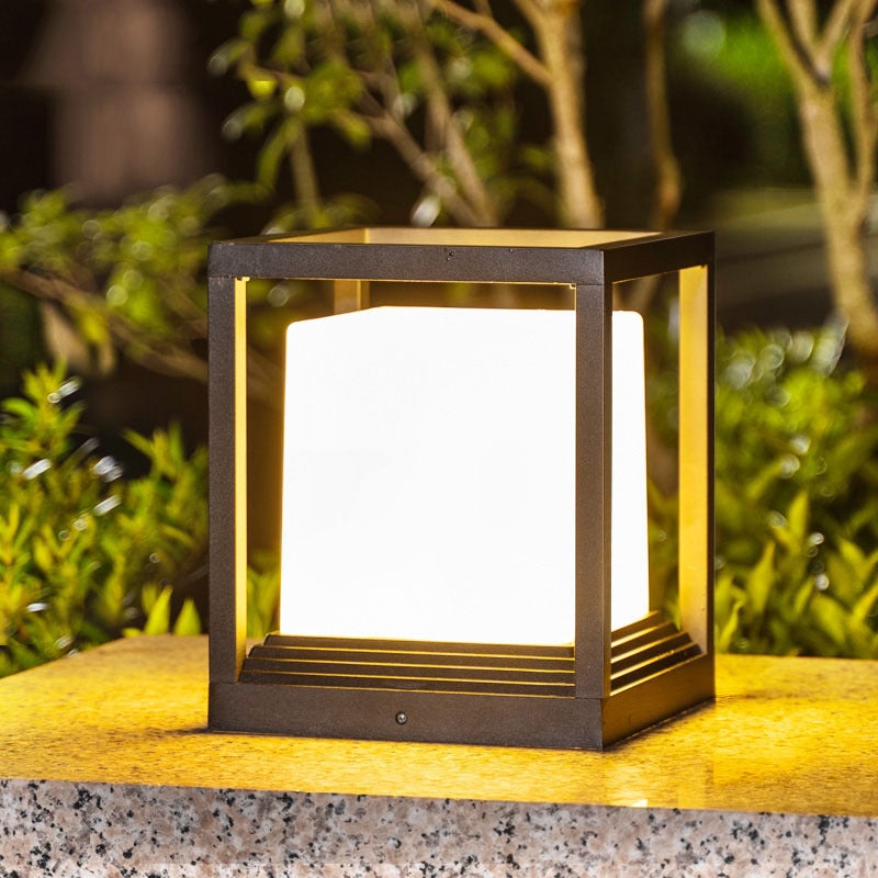 Metal Rectangular Shape Outdoor Lights Modern 1 Light Waterproof Pillar Lamp in Black