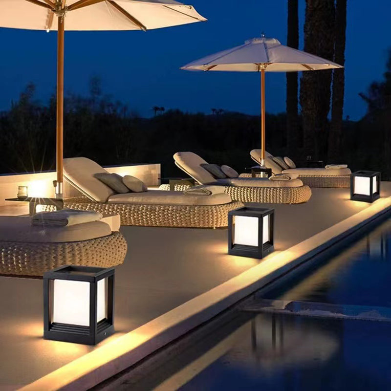 Metal Rectangular Shape Outdoor Lights Modern 1 Light Waterproof Pillar Lamp in Black