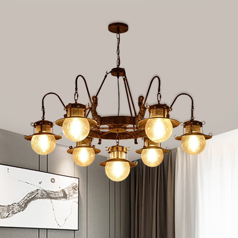 7/8 Bulbs Clear Glass Chandelier Light Country Rust Spherical Restaurant Pendant Lamp with Metal Mermaid Arm