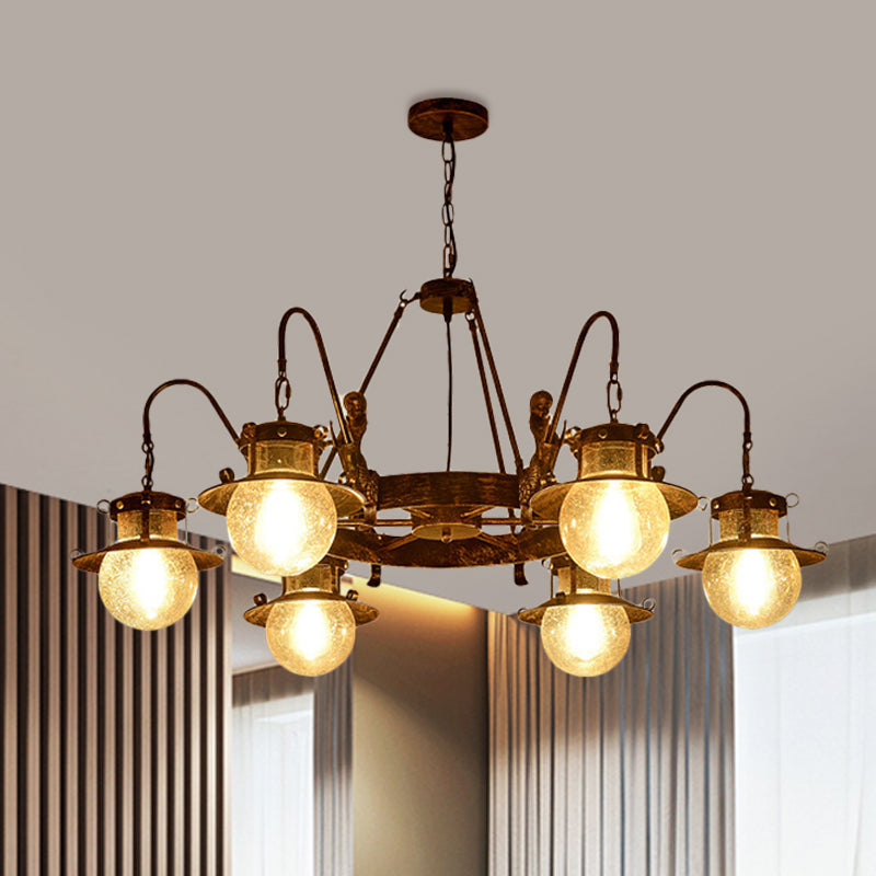 7/8 Bulbs Clear Glass Chandelier Light Country Rust Spherical Restaurant Pendant Lamp with Metal Mermaid Arm