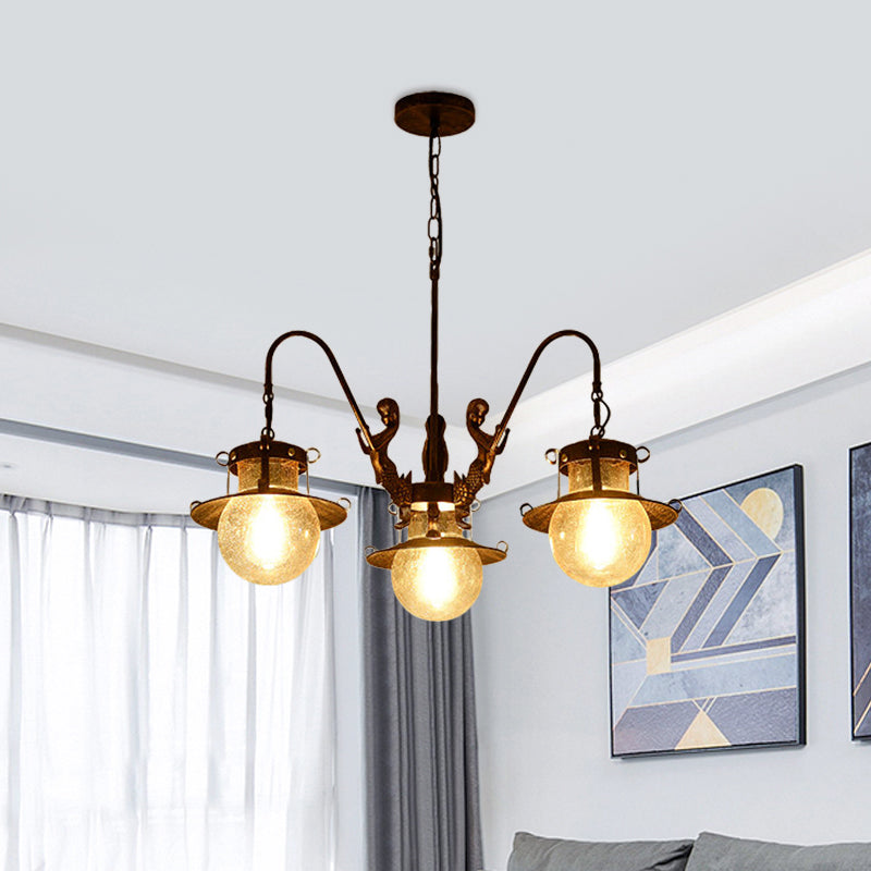 7/8 Bulbs Clear Glass Chandelier Light Country Rust Spherical Restaurant Pendant Lamp with Metal Mermaid Arm