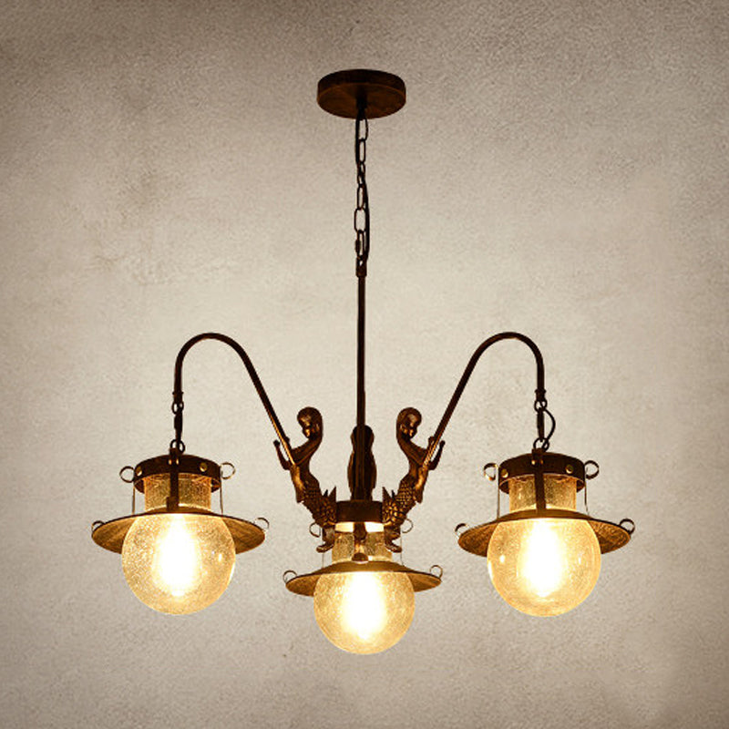 7/8 Bulbs Clear Glass Chandelier Light Country Rust Spherical Restaurant Pendant Lamp with Metal Mermaid Arm