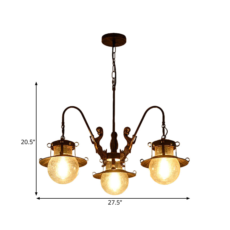 7/8 Bulbs Clear Glass Chandelier Light Country Rust Spherical Restaurant Pendant Lamp with Metal Mermaid Arm