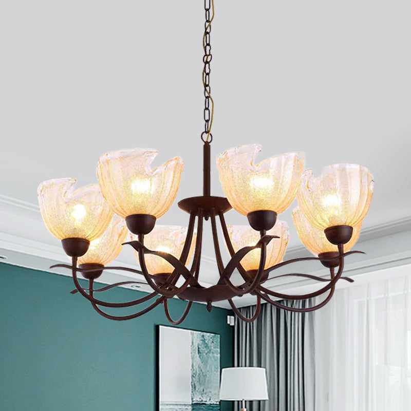 Yellow Water Glass Black Chandelier Light Bowl 8 Lights Countryside Hanging Pendant with Swirl Arm