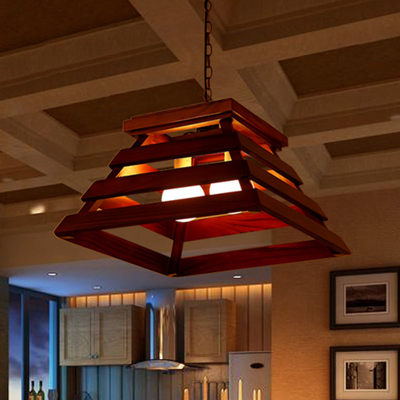 Camera da pranzo in gabbia trapezoidale kit di luce a sospensione tradizionale lampadario marrone a 2 bulb